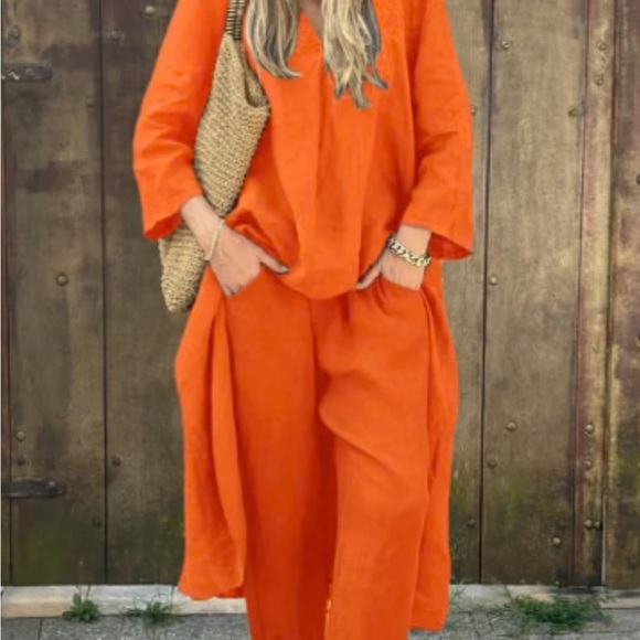 Vibrant Orange Shirt  A-Line Midi Skirt with Pleats - Picture 7 of 11